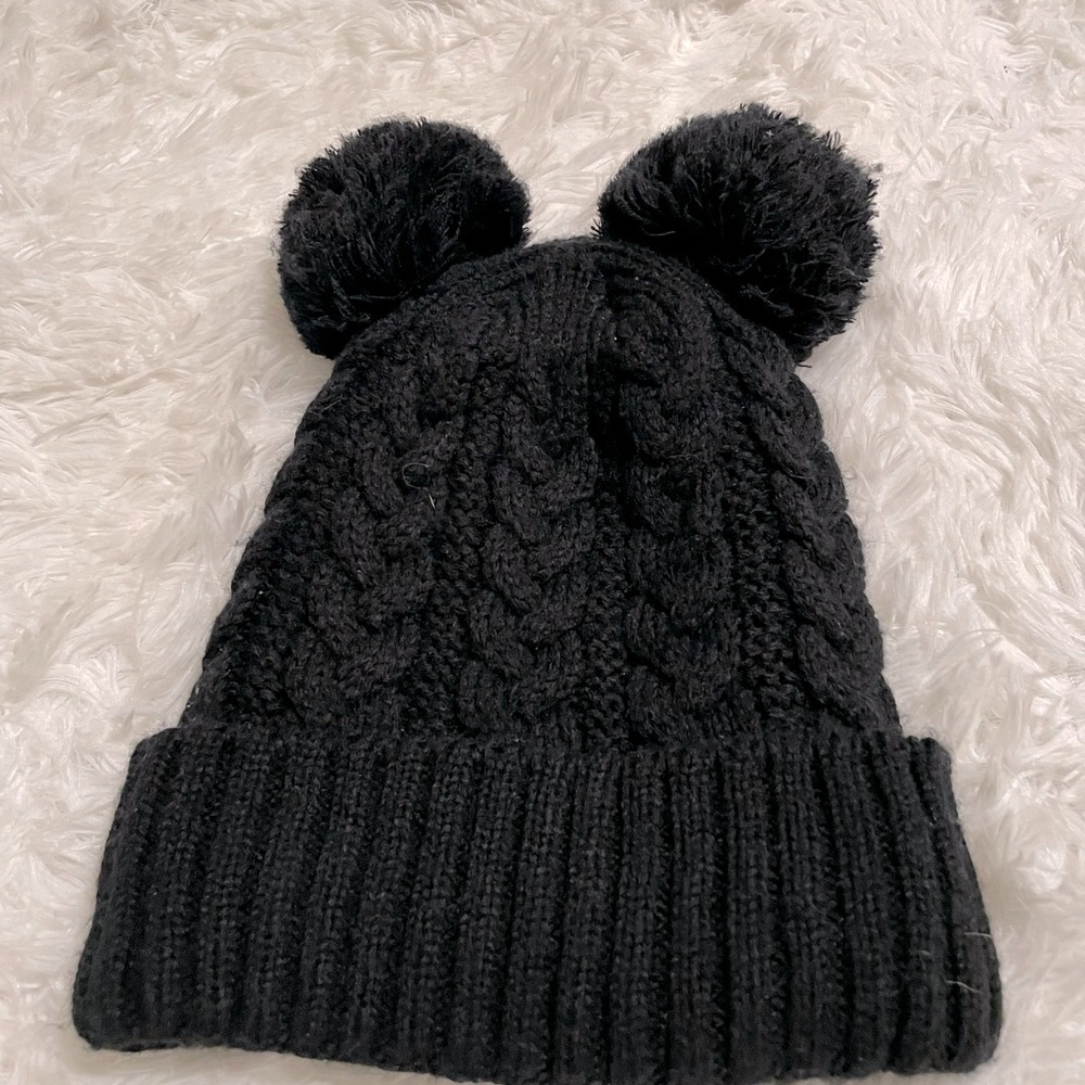 Double Pom Pom Black Beanie